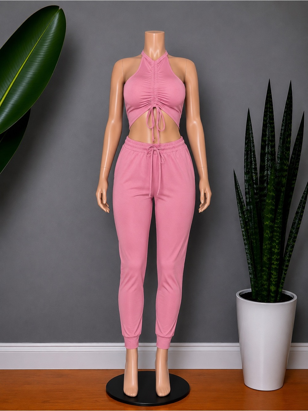 Ruched Halter Crop Top & Drawstring Joggers Set - Pink